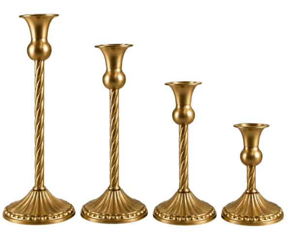 Set 4 sfeșnice metalice aurii BAROC pentru lumânări, decor elegant masă evenimente HoReCa