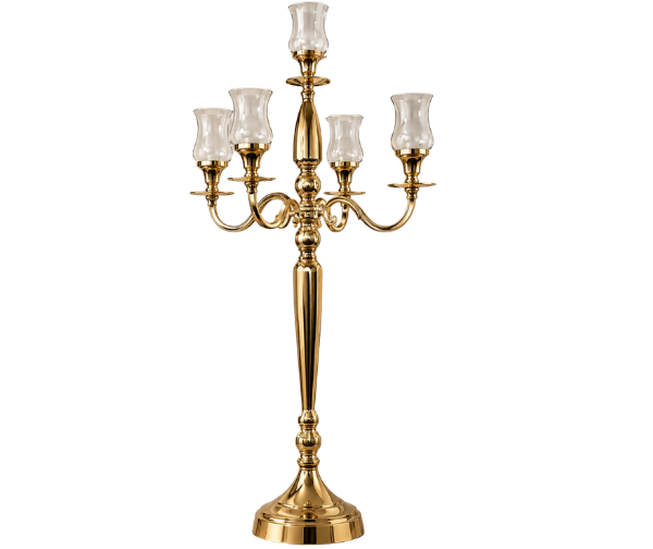 Sfeșnic metalic auriu CLASSIC cu 5 brațe și cupe de sticlă, element central decor masă nuntă și evenimente HoReCa